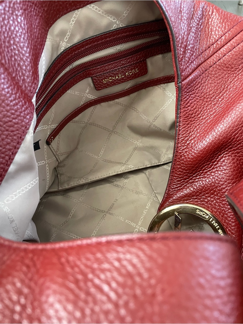 Michael Kors Large Pebbled Leather Hobo Shoulder Bag Burgundy Wine Gold Tone - Picture 12 of 13